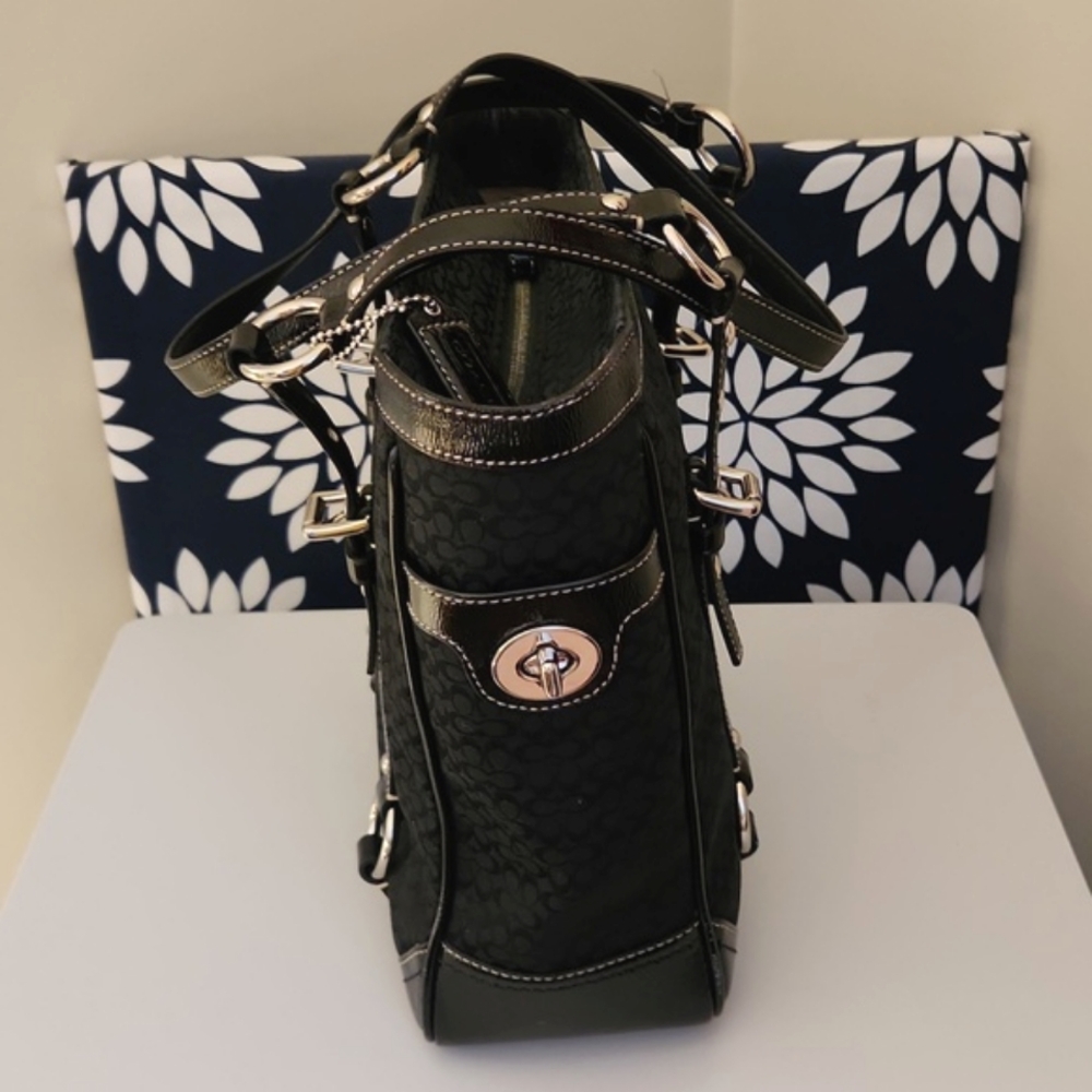 Coach Gallery Tote Shoulder Bag Signature Black Jacquard Patent Leather Silver - Picture 4 of 11